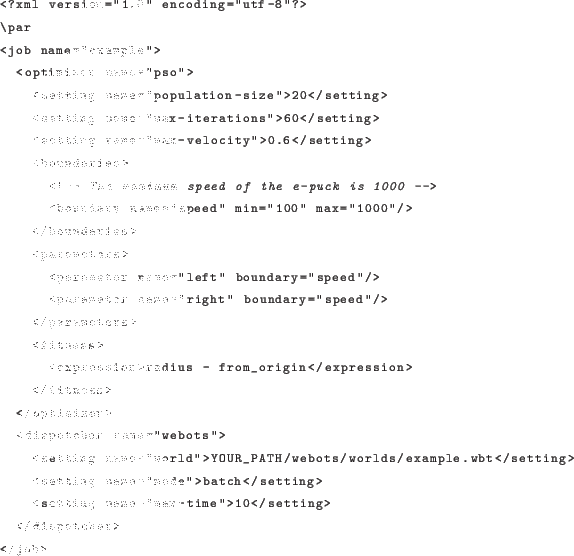 \begin{lstlisting}[language=xml]
<?xml version=''1.0'' encoding=''utf-8''?>
\par...
...
<setting name=''max-time''>10</setting>
</dispatcher>
</job>
\end{lstlisting}
