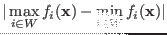 $\displaystyle \vert\max_{i \in W}{f_i(\mathbf{x})} - \min_{i \in W}{f_i(\mathbf{x})}\vert
$